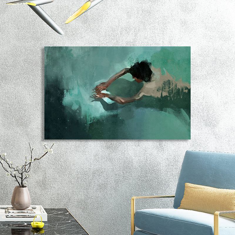 Green Pool and Swimmer Canvas Textured Surface Modern Living Room Wall Art