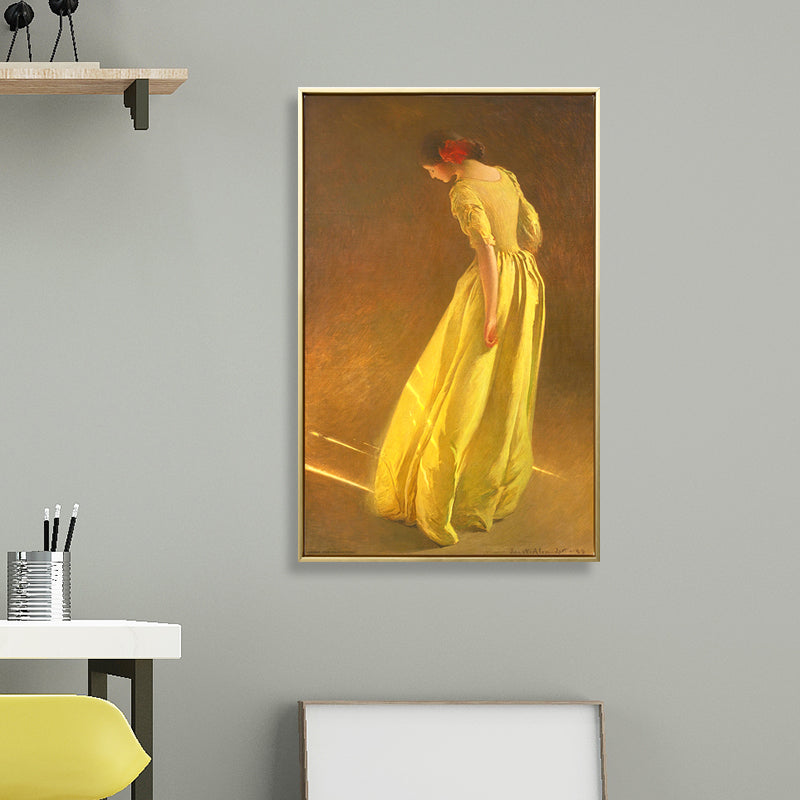 Girl in Yellow Dress Art Print Textured Surface Vintage Style Living Room Wall Decor