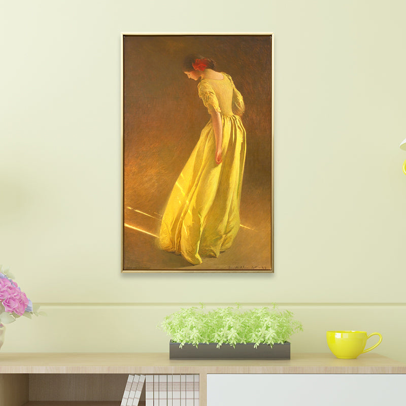 Girl in Yellow Dress Art Print Textured Surface Vintage Style Living Room Wall Decor