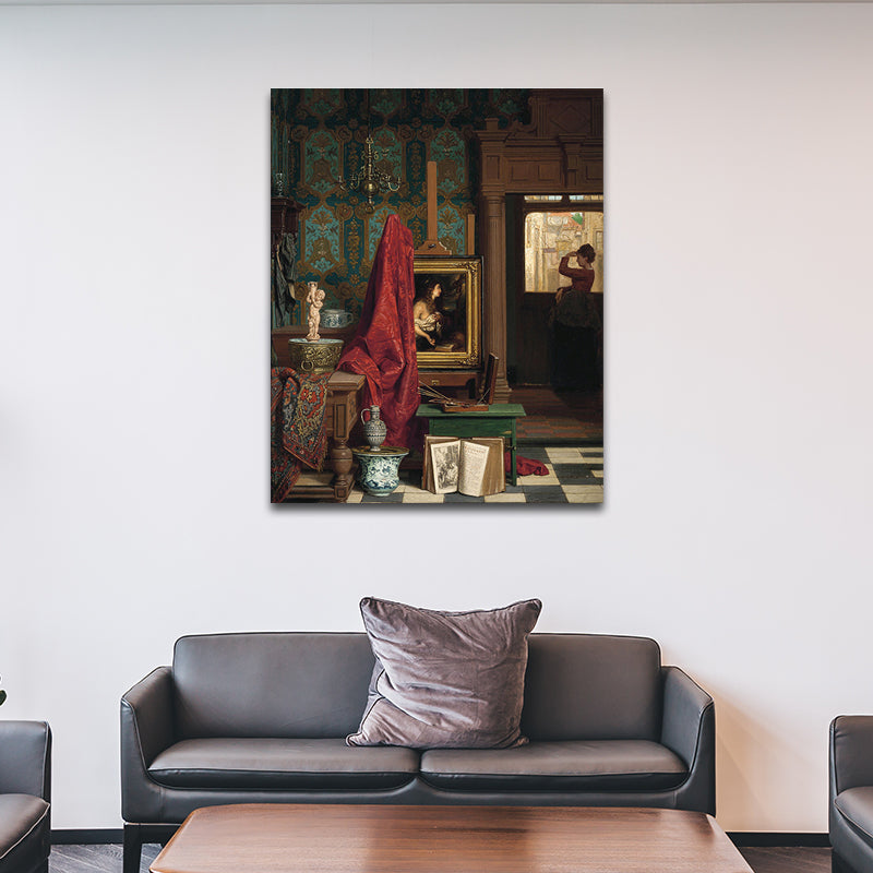 Figure Reading Portrait Painting Traditional Textured Canvas Wall Art in Dark Color