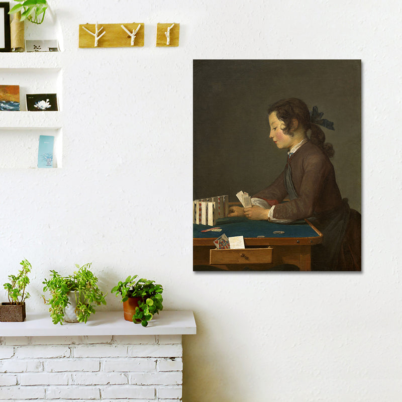 Figure Reading Portrait Painting Traditional Textured Canvas Wall Art in Dark Color