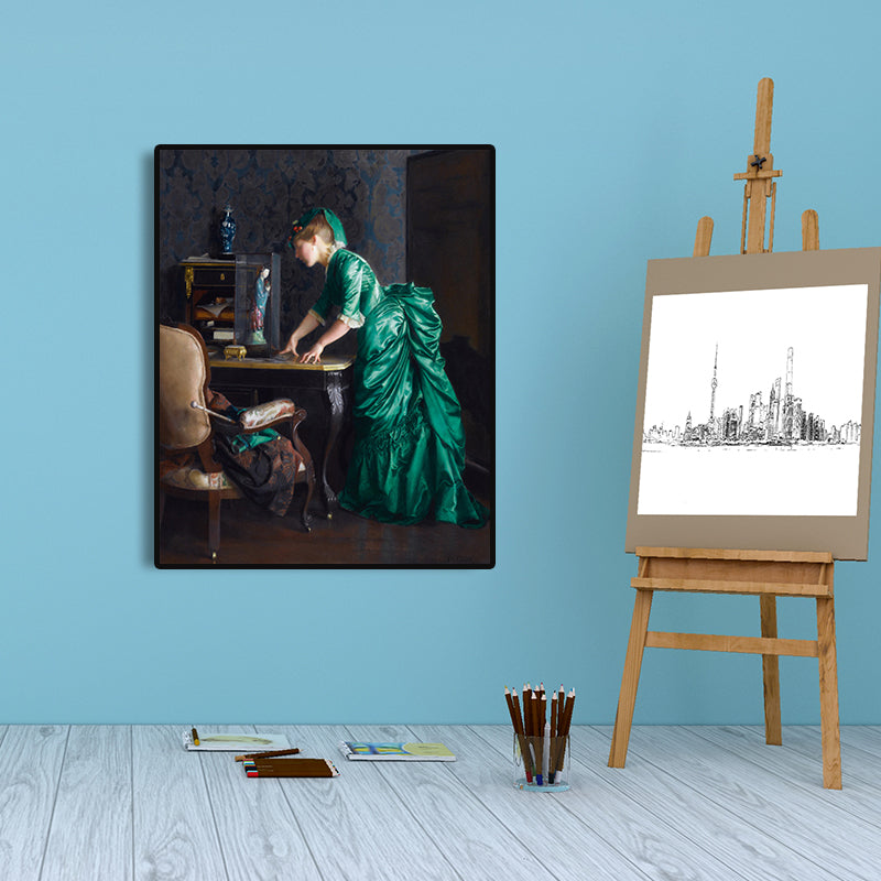 Green Gentlewoman Painting Wall Art Figure Vintage Textured Canvas Print for Room