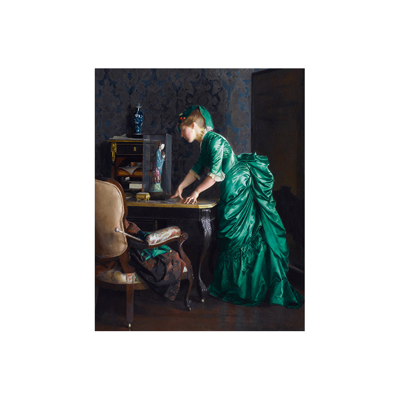 Green Gentlewoman Painting Wall Art Figure Vintage Textured Canvas Print for Room