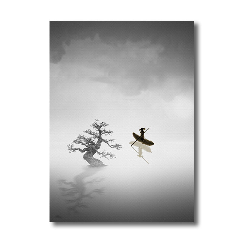 Chinese Canvas Print Black Fishman and Tree Wall Art Decor for Parlor, Multiple Size Options