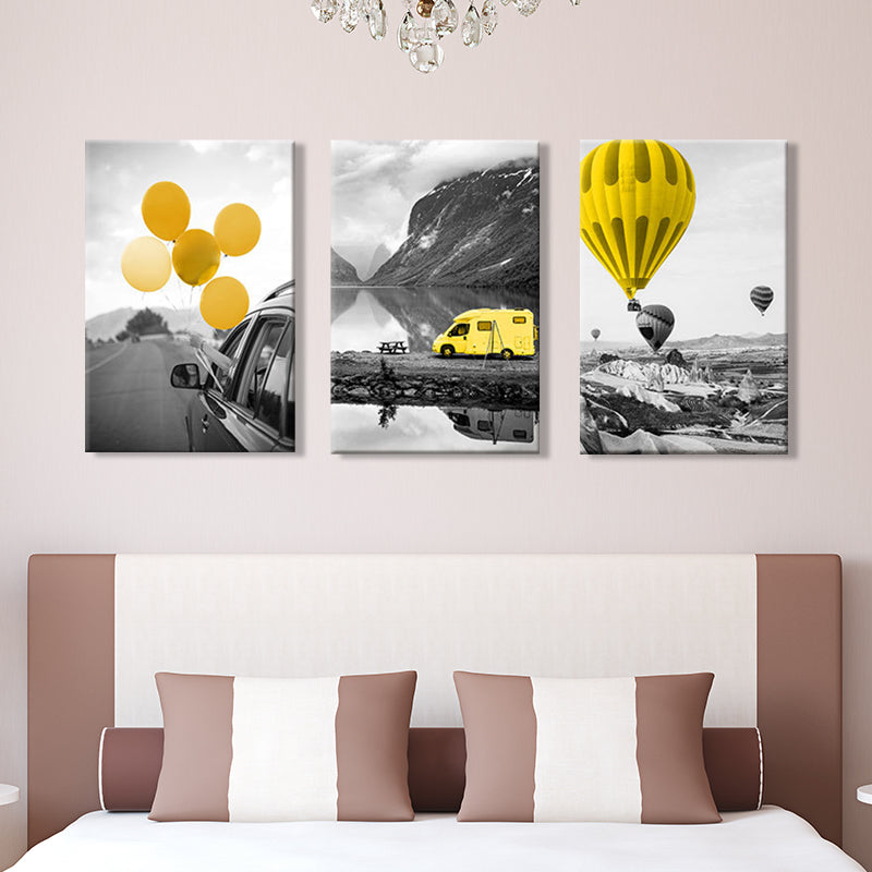 Photo Printed Modern Wall Art with Vehicle and Balloon Landscape in Yellow and Grey