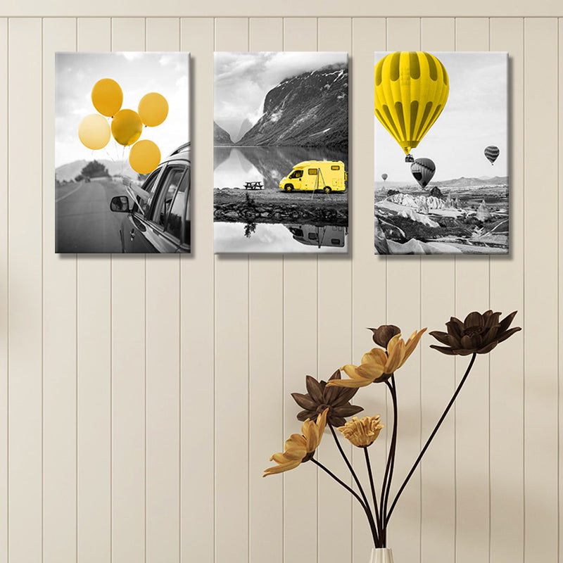 Photo Printed Modern Wall Art with Vehicle and Balloon Landscape in Yellow and Grey