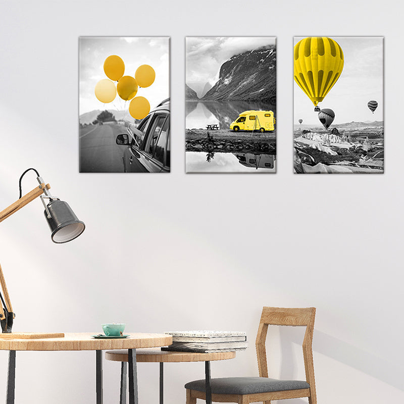 Photo Printed Modern Wall Art with Vehicle and Balloon Landscape in Yellow and Grey