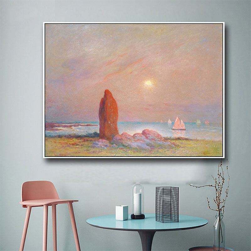 Impressionism Seascape Painting Canvas Pink Textured Wall Art Print for Dining Room