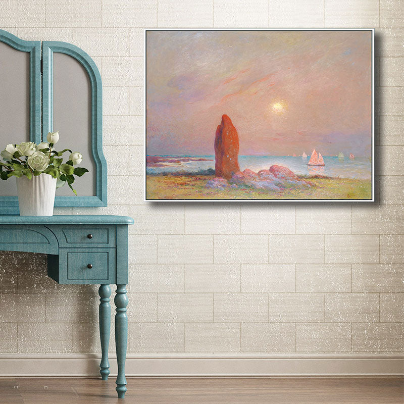 Impressionism Seascape Painting Canvas Pink Textured Wall Art Print for Dining Room