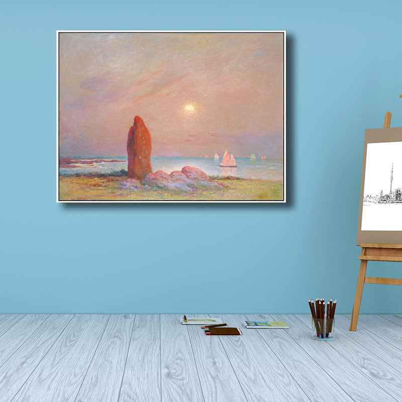 Impressionism Seascape Painting Canvas Pink Textured Wall Art Print for Dining Room