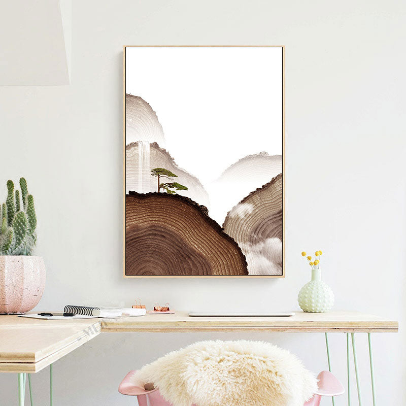 Canvas Brown Art Print Asian Pine Tree and Timber Mountain Wall Decor for Guest Room