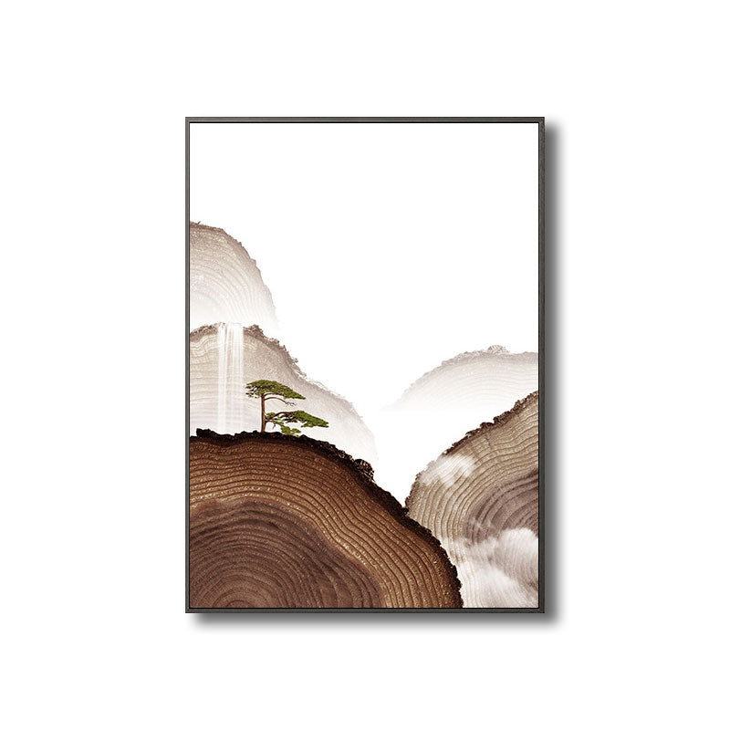 Canvas Brown Art Print Asian Pine Tree and Timber Mountain Wall Decor for Guest Room