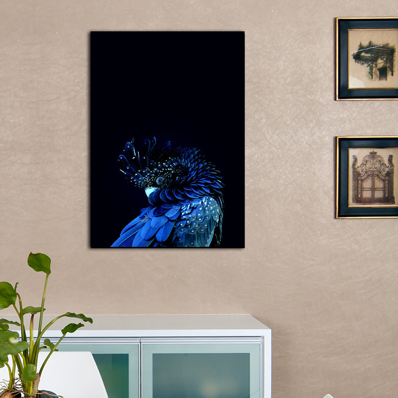 Peacock Head Wall Art Print Modernism Canvas Wall Decor in Blue on Black for Bedroom