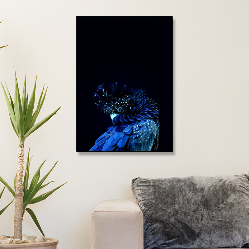 Peacock Head Wall Art Print Modernism Canvas Wall Decor in Blue on Black for Bedroom