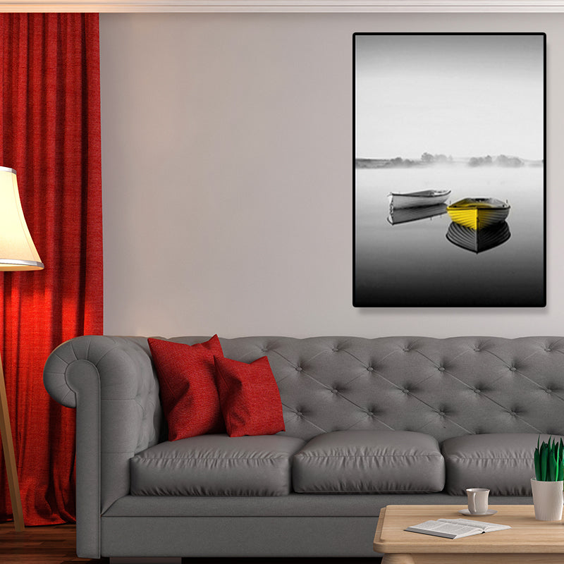 Boat on River Canvas Print for Bedroom Vehicle Wall Art Grey for Home Decor, Multiple Sizes