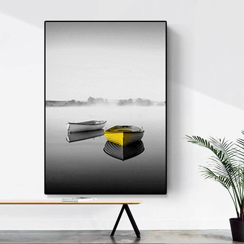 Boat on River Canvas Print for Bedroom Vehicle Wall Art Grey for Home Decor, Multiple Sizes