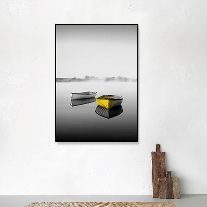 Boat on River Canvas Print for Bedroom Vehicle Wall Art Grey for Home Decor, Multiple Sizes