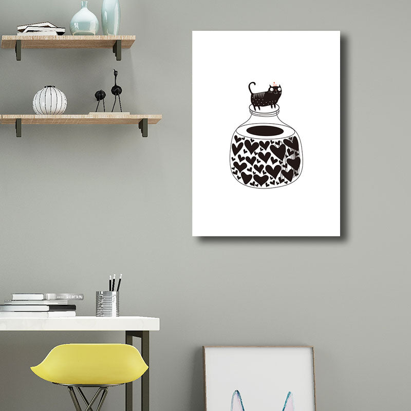 Cat on Bottle Wall Art Decorative Modern for Living Room Wrapped Canvas in Black