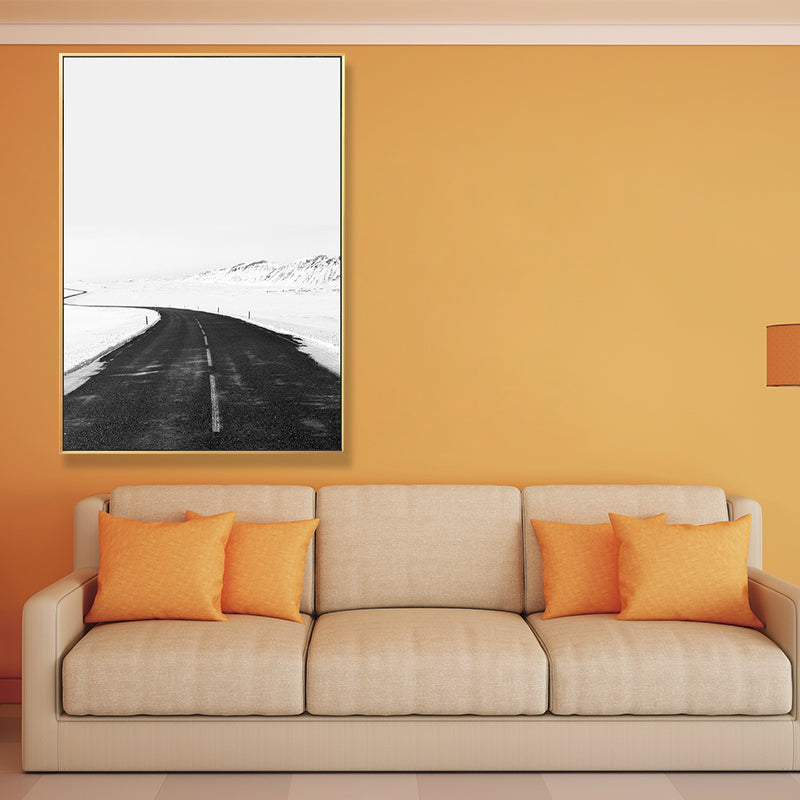 Black Road in Snow Wall Art Print Decorative Minimalism for Drawing Room Wrapped Canvas