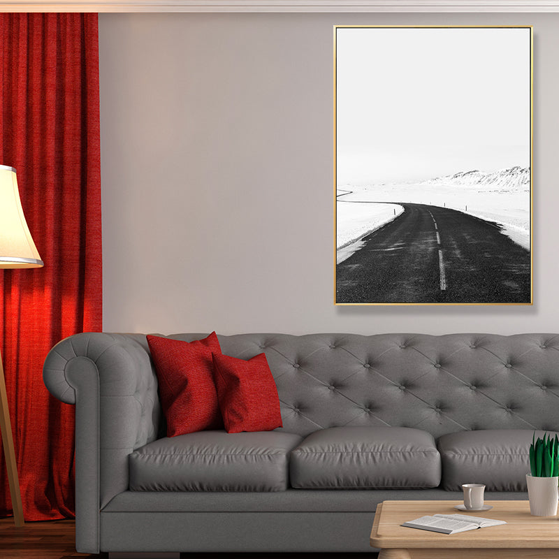 Black Road in Snow Wall Art Print Decorative Minimalism for Drawing Room Wrapped Canvas