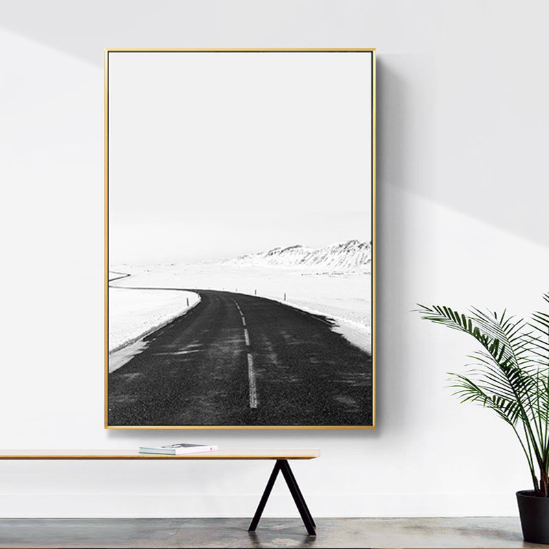 Black Road in Snow Wall Art Print Decorative Minimalism for Drawing Room Wrapped Canvas