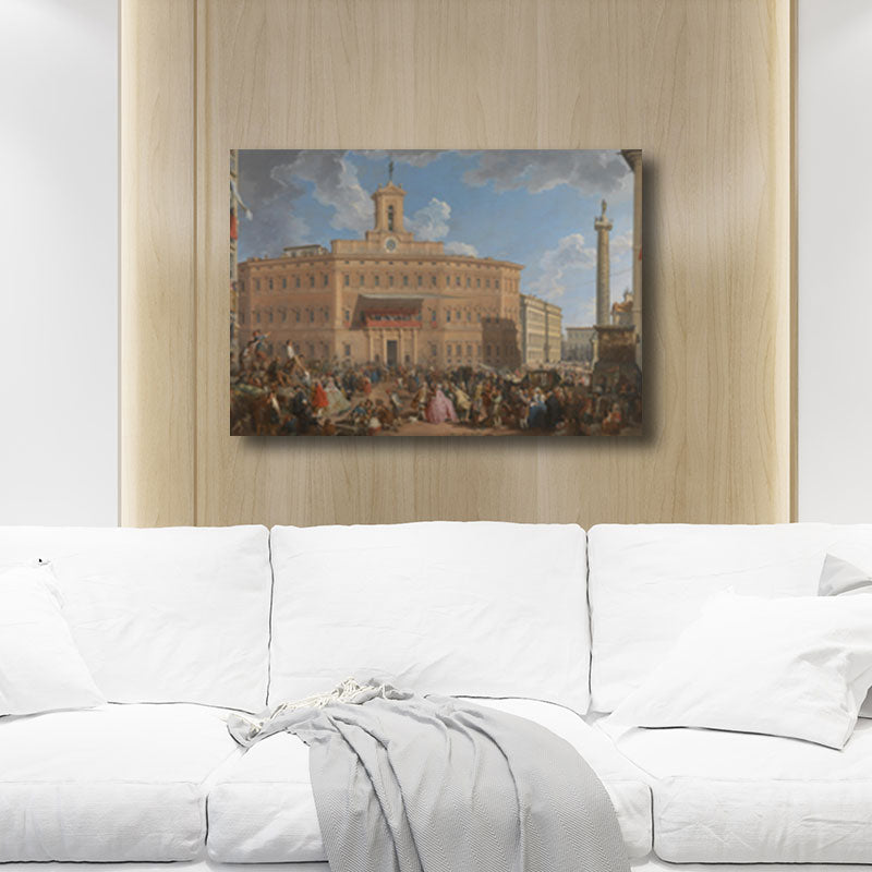 Textured Yellow Wall Art Vintage the Lottery in Piazza Di Montecitorio Painting Canvas Print