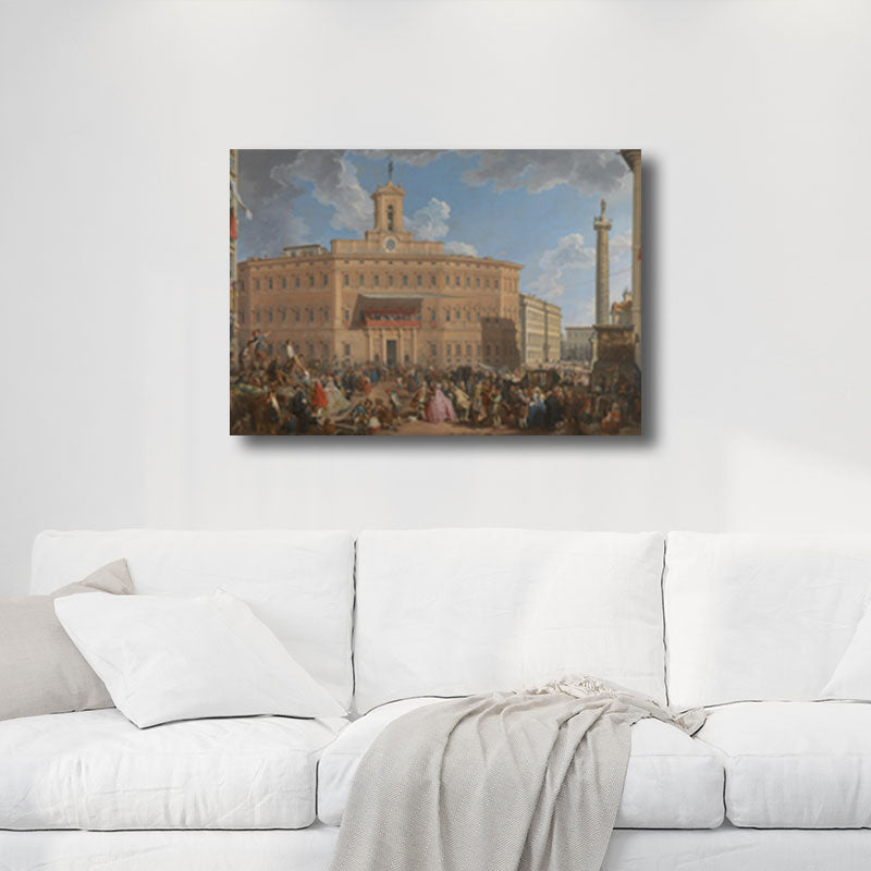 Textured Yellow Wall Art Vintage the Lottery in Piazza Di Montecitorio Painting Canvas Print