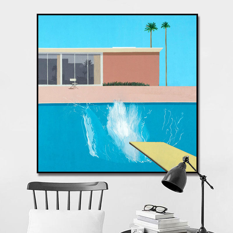 House and Swimming Pool Canvas Textured Contemporary Style for Boys Bedroom Painting