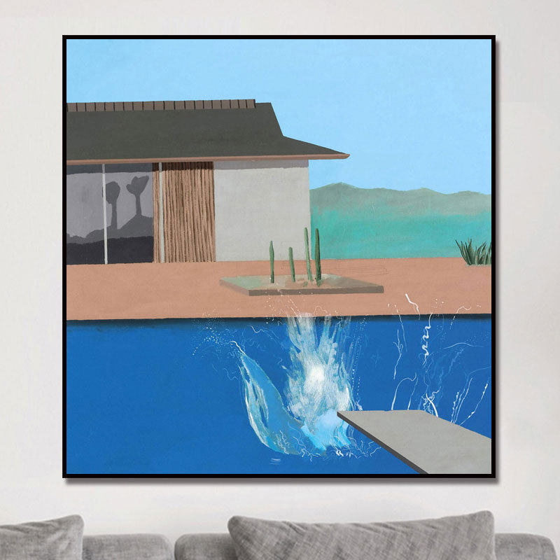 House and Swimming Pool Canvas Textured Contemporary Style for Boys Bedroom Painting