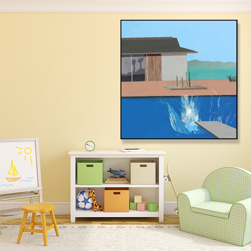 House and Swimming Pool Canvas Textured Contemporary Style for Boys Bedroom Painting