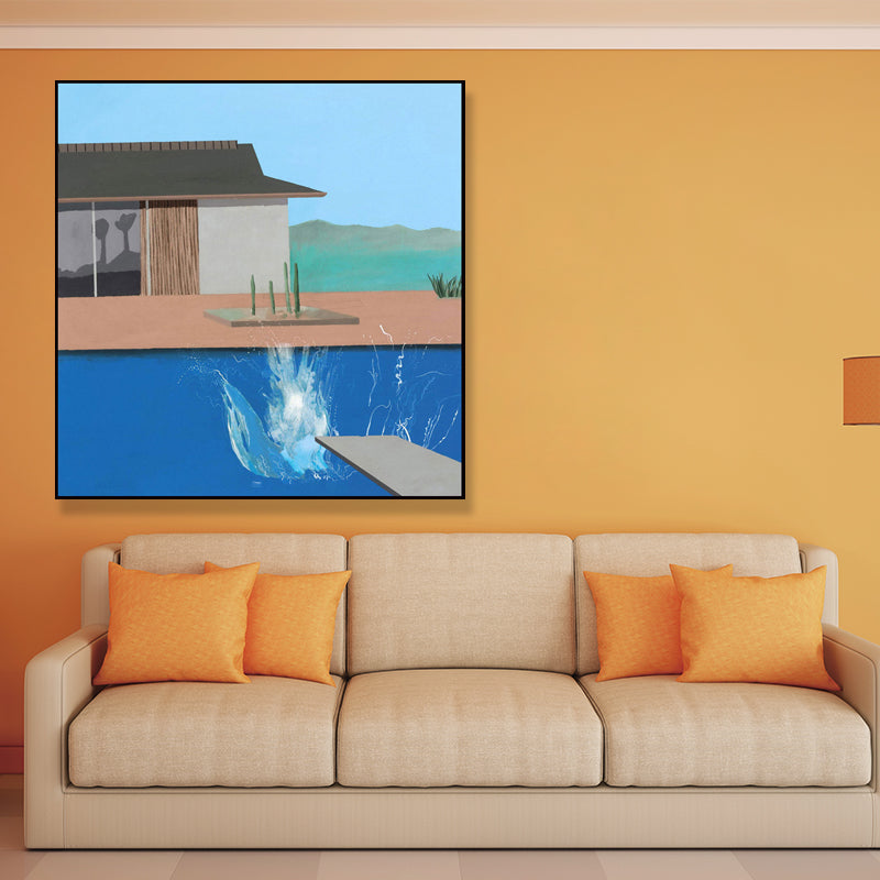 House and Swimming Pool Canvas Textured Contemporary Style for Boys Bedroom Painting