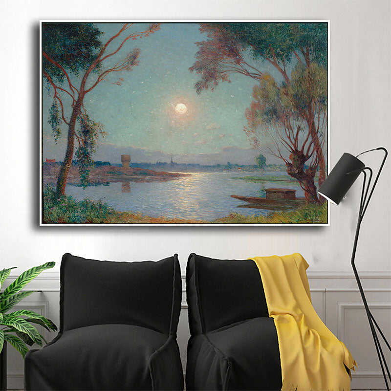 River Moon Night Scenery Painting Green Canvas Print Wall Art, Textured Surface