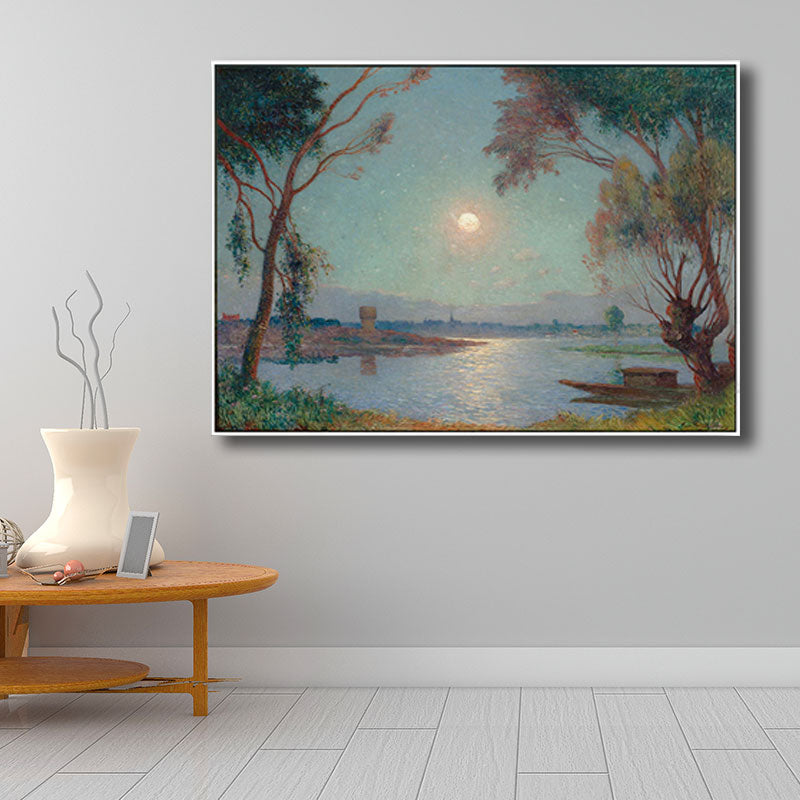 River Moon Night Scenery Painting Green Canvas Print Wall Art, Textured Surface
