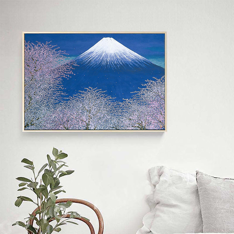 Canvas Blue Wall Decor Contemporary Style Cherry Blossom and Snow Mountain Painting