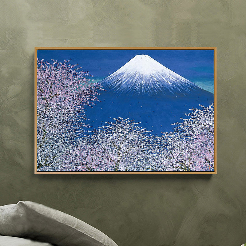 Canvas Blue Wall Decor Contemporary Style Cherry Blossom and Snow Mountain Painting