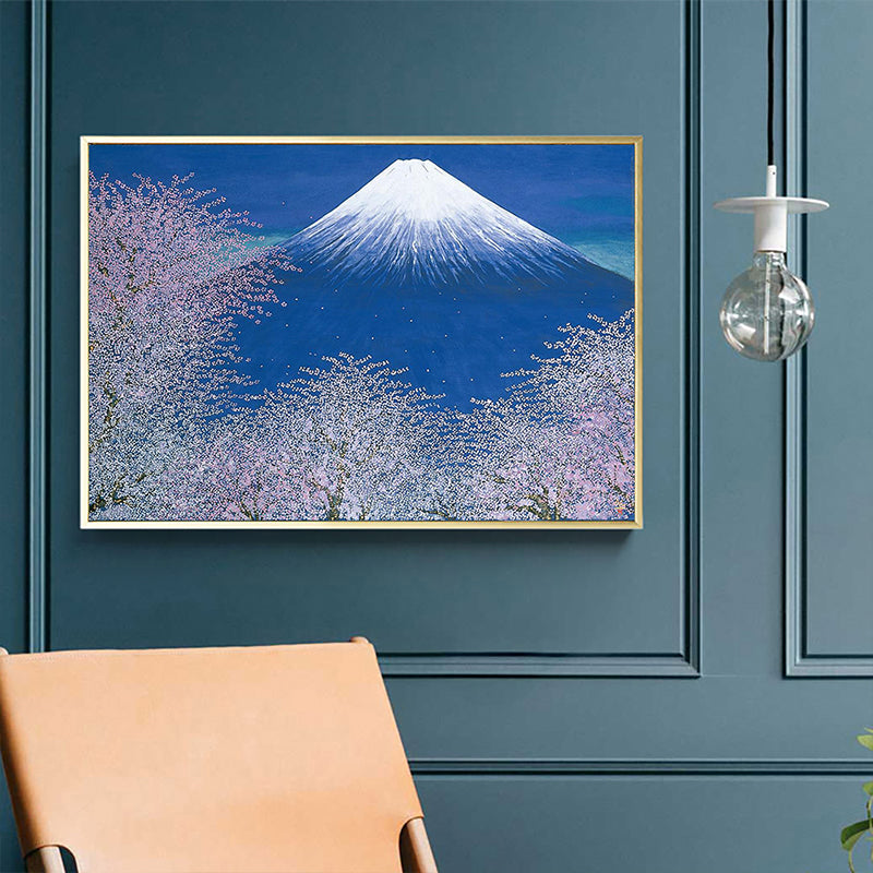 Canvas Blue Wall Decor Contemporary Style Cherry Blossom and Snow Mountain Painting