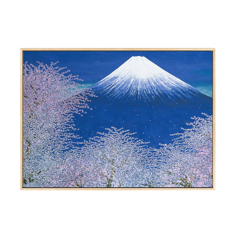 Canvas Blue Wall Decor Contemporary Style Cherry Blossom and Snow Mountain Painting