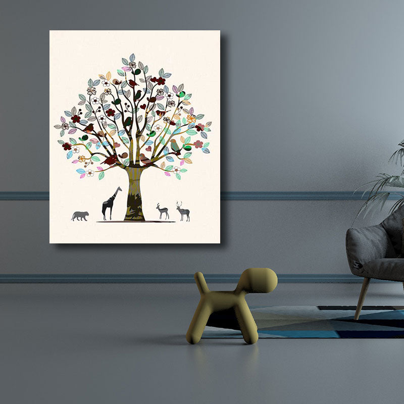 Scandinavian Tree and Animals Canvas Art Brown Decorative Wall Decor for Drawing Room