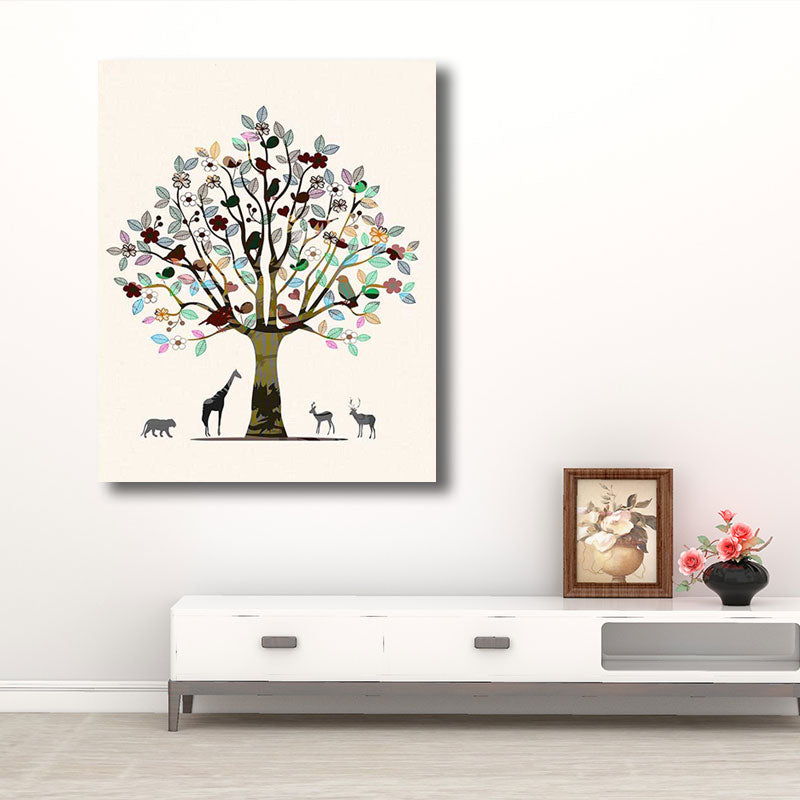 Scandinavian Tree and Animals Canvas Art Brown Decorative Wall Decor for Drawing Room