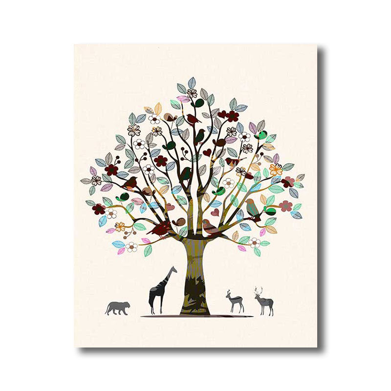 Scandinavian Tree and Animals Canvas Art Brown Decorative Wall Decor for Drawing Room