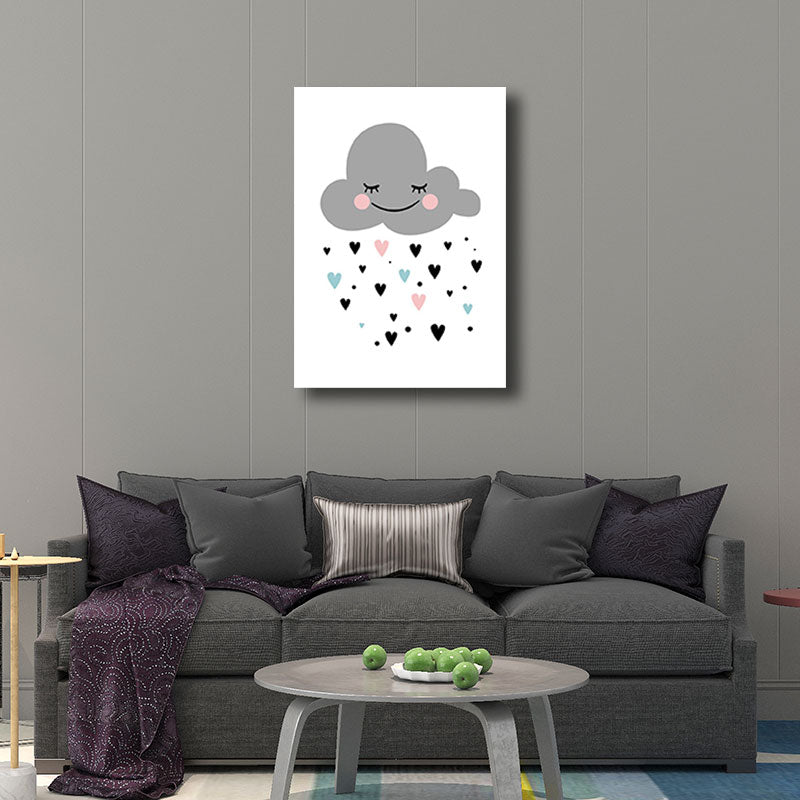 Cloud and Heart Canvas Art Minimalist Textured Wall Decor in Grey for Kids Bedroom