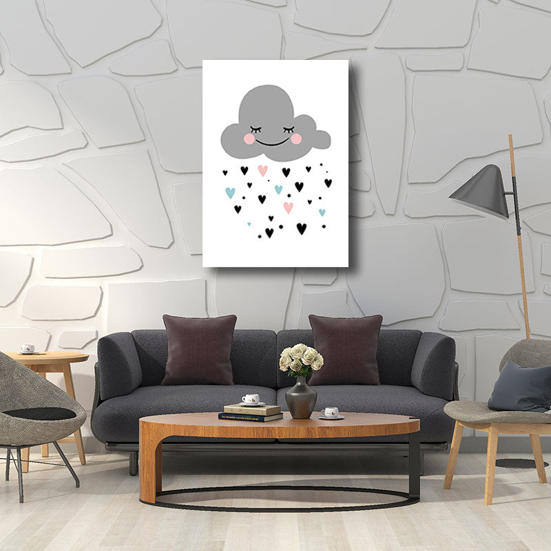 Cloud and Heart Canvas Art Minimalist Textured Wall Decor in Grey for Kids Bedroom