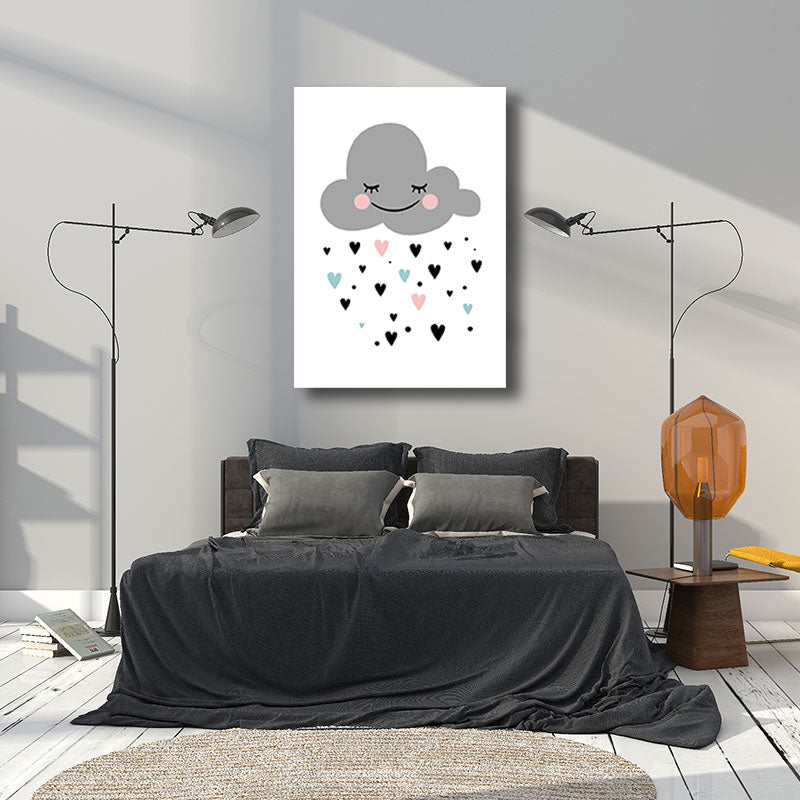 Cloud and Heart Canvas Art Minimalist Textured Wall Decor in Grey for Kids Bedroom