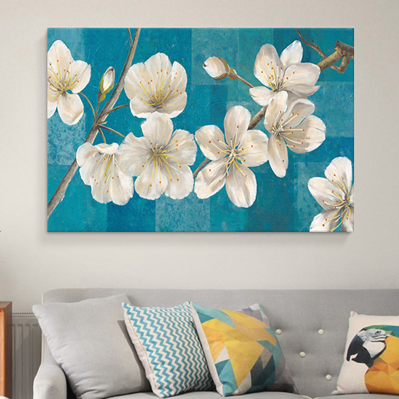 Blooming Flowers Painting White Canvas Wall Art for Girls Bedroom, Textured