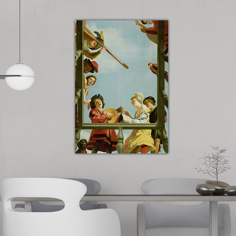 Vintage Painting Blue Musical Group on a Balcony Canvas Wall Art for Sitting Room