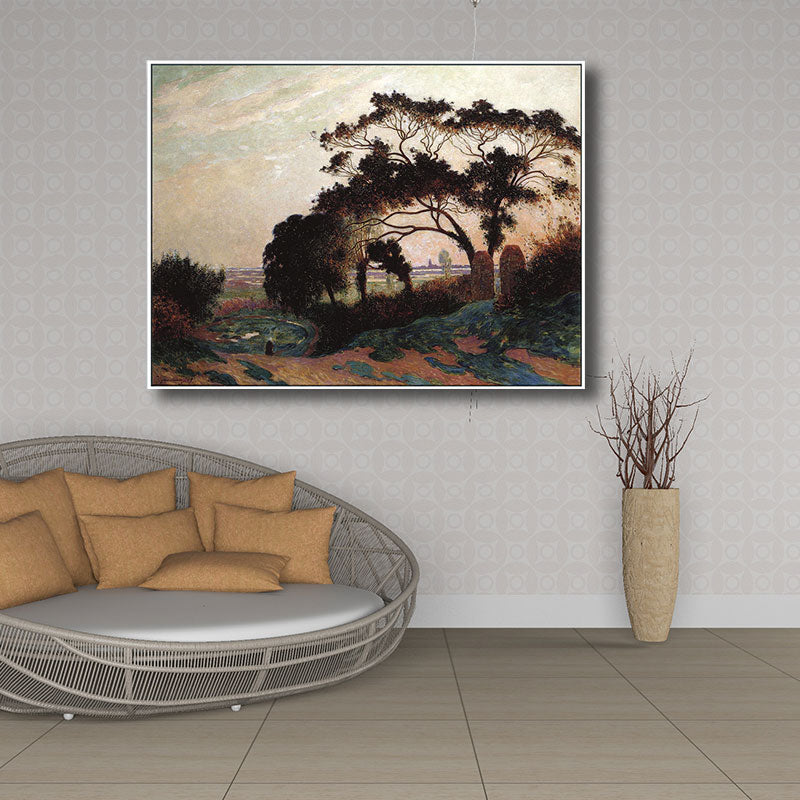 Brown Farmhouse Style Wall Art Sunset Tree Scenery Canvas Print for Sitting Room