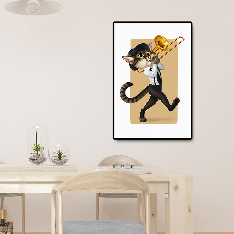 Textured Light Color Paintings Contemporary Cat Playing Instrument Canvas Wall Art