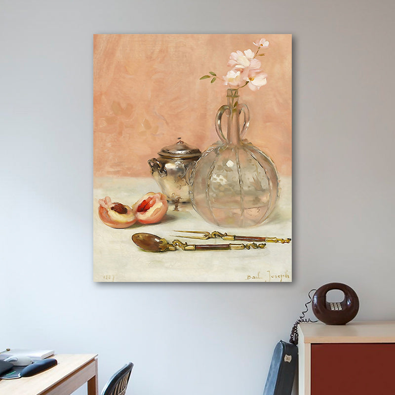 Flower and Fruit Painting Pink Canvas Print Wall Art for Dining Room Decor