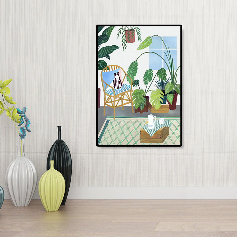 Cat Wrapped Canvas Simplicity Relaxing Potted Plant Wall Art Decor in Green for Parlor