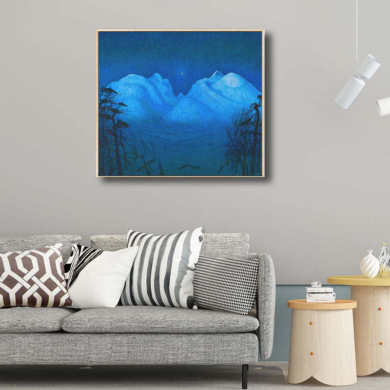 Blue Night Mountain Landscape Art Print Textured Rustic Corridor Wall Decoration